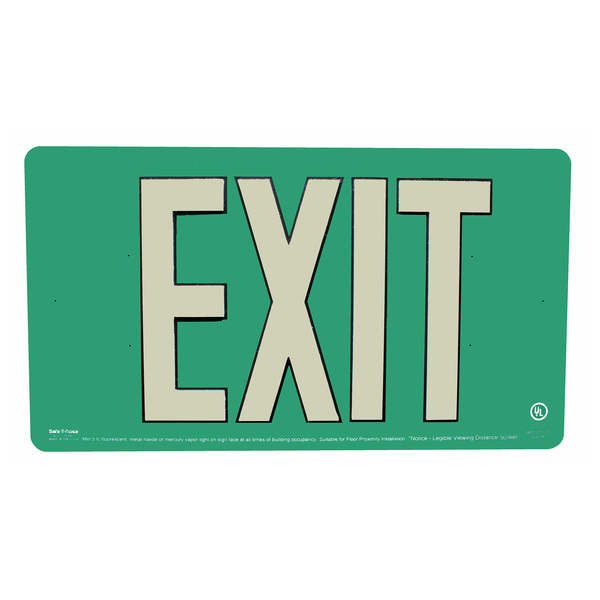 Safe-T-Nose Glow-In-The-Dark Exit Sign, Single Sided, 50' Visib., Green, 9"Hx16"L EUL50G
